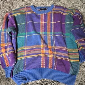 Nautica Multicolor Plaid Crewneck Sweater — Purple, Blue, Green, Orange